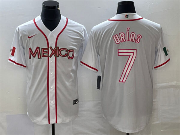 Men's Mexico Baseball #7 Julio Urías 2023 White World Baseball With Patch Classic Stitched Jerseys