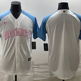 Men's Mexico Baseball Blank 2023 White Blue World Baseball Classic Stitched Jersey