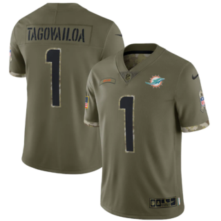 Men's Miami Dolphins #1 Tua Tagovailoa Olive 2022 Salute To Service Limited Stitched Jersey