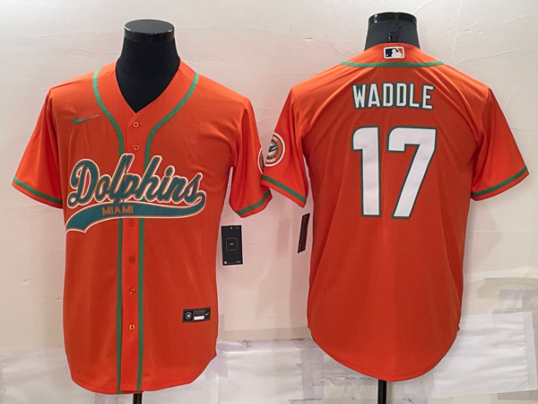 Men's Miami Dolphins #17 Jaylen Waddle Orange Cool Base Stitched Baseball Jersey