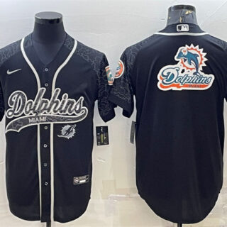 Men's Miami Dolphins Black Reflective Team Big Logo With Patch Cool Base Stitched Baseball Jersey