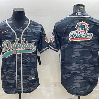 Men's Miami Dolphins Grey Camo Team Big Logo With Patch Cool Base Stitched Baseball Jersey
