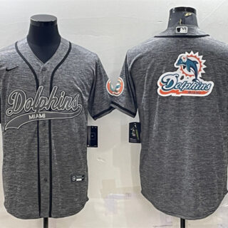 Men's Miami Dolphins Grey Team Big Logo With Patch Cool Base Stitched Baseball Jersey