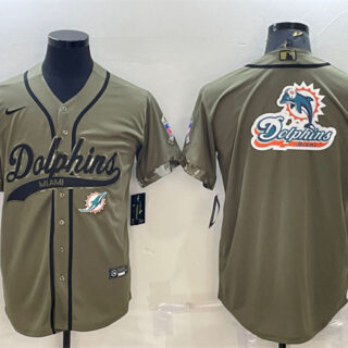 Men's Miami Dolphins Olive 2022 Salute To Service Team Big Logo Cool Base Stitched Baseball Jersey