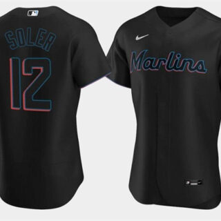Men's Miami Marlins #12 Jorge Soler Black Flex Base Stitched Jersey