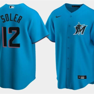 Men's Miami Marlins #12 Jorge Soler Blue Cool Base Stitched Jersey