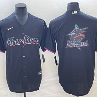 Men's Miami Marlins Black Team Big Logo Cool Base Stitched Baseball Jersey