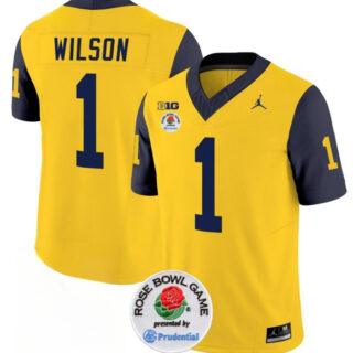 Men's Michigan Wolverines #1 Roman Wilson 2023 F.U.S.E. Yellow Navy Rose Bowl Patch Stitched Jersey