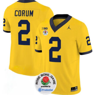Men's Michigan Wolverines #2 Blake Corum 2023 F.U.S.E. Yellow Rose Bowl Patch Stitched Jersey