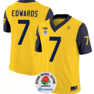 Men's Michigan Wolverines #7 Donovan Edwards 2023 F.U.S.E. Yellow Navy Rose Bowl Patch Stitched Jersey