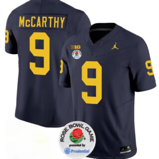 Men's Michigan Wolverines #9 J.J. McCarthy 2023 F.U.S.E. Navy Blue Rose Bowl Patch Stitched Jersey