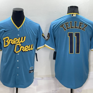 Men's Milwaukee Brewers #11 Rowdy Tellez 2022 Powder Blue City Connect Cool Base Stitched Jersey