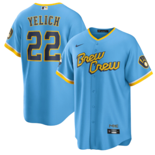Men's Milwaukee Brewers #22 Christian Yelich 2022 Powder Blue City Connect Cool Base Stitched Jersey