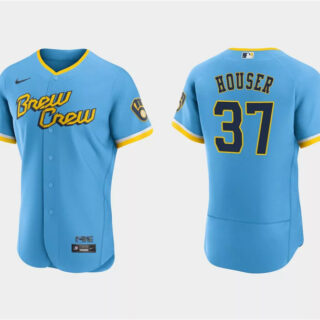 Men's Milwaukee Brewers #37 Adrian Houser Powder Blue 2022 City Connect Flex Base Stitched MLB Jersey