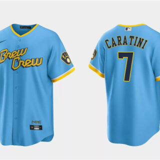 Men's Milwaukee Brewers #7 Victor Caratini Powder Blue 2022 City Connect Cool Base Stitched Jersey