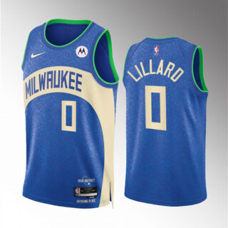 Men's Milwaukee Bucks #0 Damian Lillard 2023 24 Blue City Edition Stitched Basketball Jersey