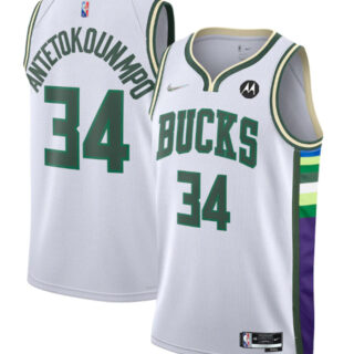 Men's Milwaukee Bucks #34 Giannis Antetokounmpo White 2021 22 75th Anniversary Swingman City Edition Stitched Jersey