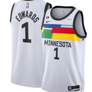 Men's Minnesota Timberwolves #1 Anthony Edwards White 2022 23 City Edition With NO.6 Patch Stitched Jersey