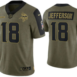 Men's Minnesota Vikings #18 Justin Jefferson 2021 Olive Salute To Service Limited Stitched Jersey