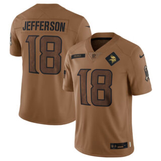 Men's Minnesota Vikings #18 Justin Jefferson 2023 Brown Salute To Service Limited Stitched Jersey