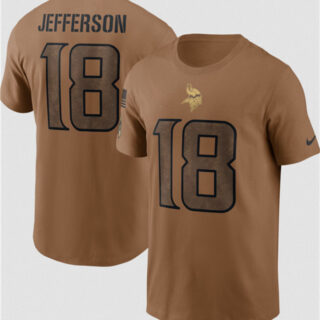 Men's Minnesota Vikings #18 Justin Jefferson 2023 Brown Salute To Service Name & Number T-Shirt