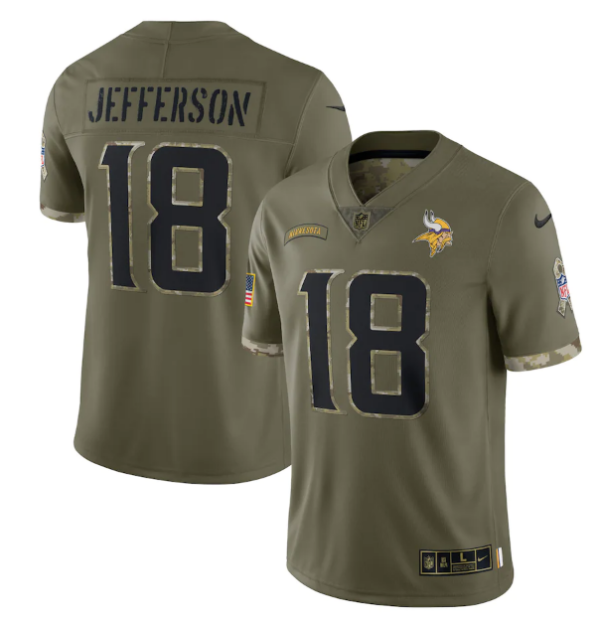 Men's Minnesota Vikings #18 Justin Jefferson Olive 2022 Salute To Service Limited Stitched Jersey