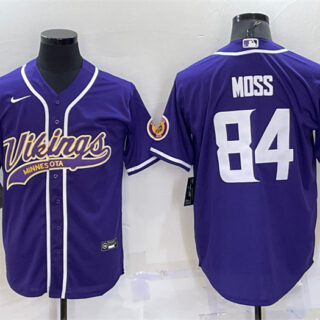 Men's Minnesota Vikings #84 Randy Moss Purple With Patch Cool Base Stitched Baseball Jersey