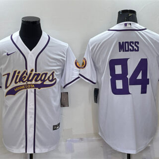 Men's Minnesota Vikings #84 Randy Moss White With Patch Cool Base Stitched Baseball Jersey
