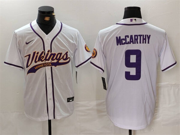 Men's Minnesota Vikings #9 J.J. McCarthy White Cool Base Stitched Baseball Jersey
