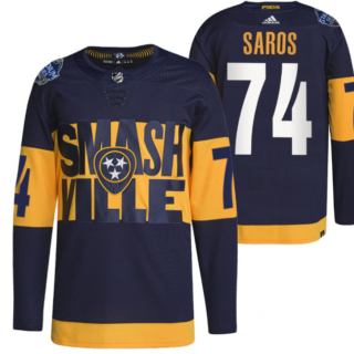 Men's Nashville Predators #74 Juuse Saros 2022 Navy Stadium Series Breakaway Player Stitched Jersey