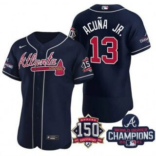 Men's Navy Atlanta Braves #13 Ronald Acuna Jr. 2021 World Series Champions With 150th Anniversary Flex Base Stitched Jersey