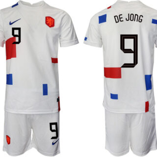 Men's Netherlands #9 Dejong White Away Soccer Jersey Suit