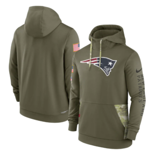 Men's New England Patriots 2022 Olive Salute To Service Therma Performance Pullover Hoodie