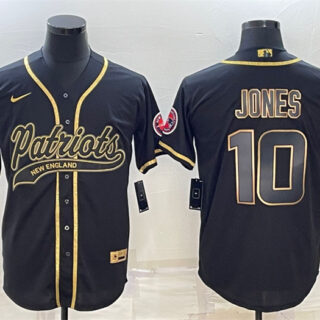 Men's New England Patriots #10 Mac Jones Black Gold With Patch Cool Base Stitched Baseball Jersey