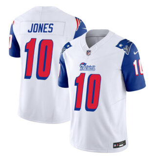 Men's New England Patriots #10 Mac Jones White Blue 2023 F.U.S.E. Throwback Limited Stitched Football Jersey