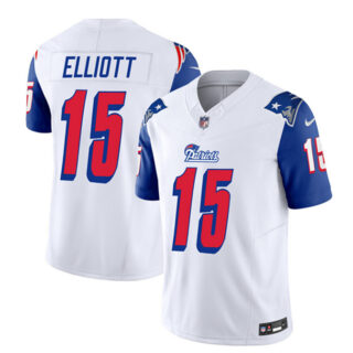 Men's New England Patriots #15 Ezekiel Elliott White Blue 2023 F.U.S.E. Throwback Limited Stitched Football Jersey