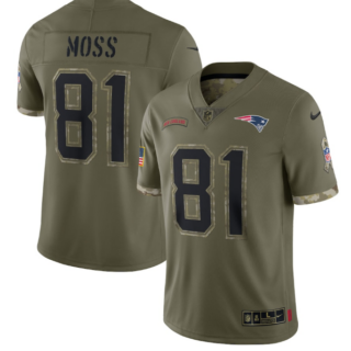 Men's New England Patriots #81 Randy Moss Olive 2022 Salute To Service Limited Stitched Jersey