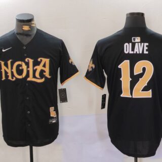 Men's New Orleans Saints #12 Chris Olave Black Cool Base Stitched Baseball Jersey