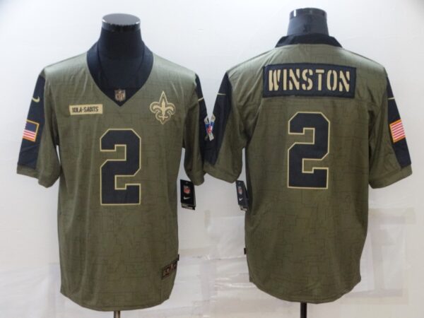 Men's New Orleans Saints #2 Jameis Winston 2021 Olive Salute To Service Limited Stitched Jersey