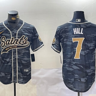 Men's New Orleans Saints #7 Taysom Hill Grey Camo With Patch Cool Base Stitched Baseball Jersey