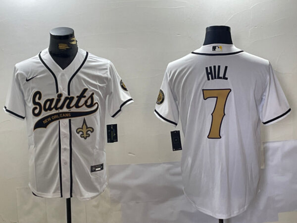 Men's New Orleans Saints #7 Taysom Hill White With Patch Cool Base Stitched Baseball Jerseys