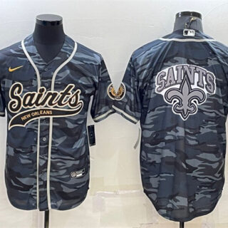Men's New Orleans Saints Blank Grey Navy Team Big Logo With Patch Cool Base Stitched Baseball Jersey