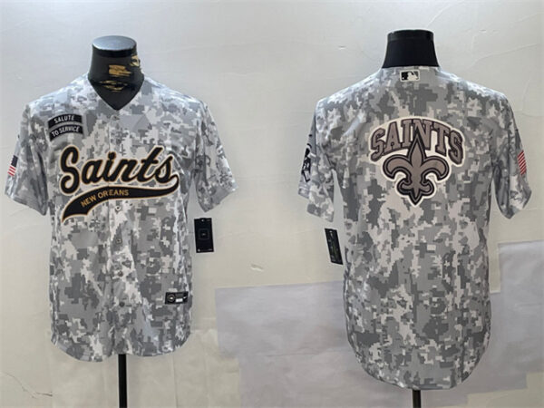 Men's New Orleans Saints Team Big Logo 2024 Arctic Camo Salute To Service Stitched Baseball Jersey