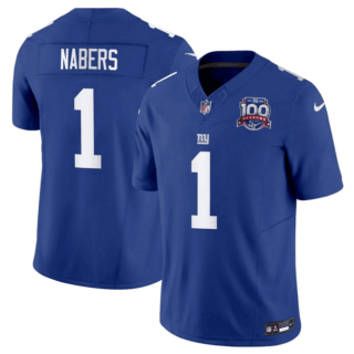 Men's New York Giants #1 Malik Nabers Blue 2024 Draft F.U.S.E. 100TH Season Patch Vapor Untouchable Limited Stitched Jersey