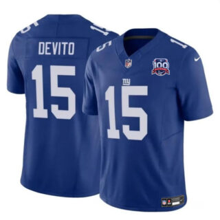 Men's New York Giants #15 Tommy DeVito Blue 2024 F.U.S.E. 100TH Season Patch Vapor Untouchable Limited Stitched Jersey