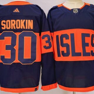 Men's New York Islanders #30 Ilya Sorokin Navy 2024 With Stadium Series Patch Stitched Jersey