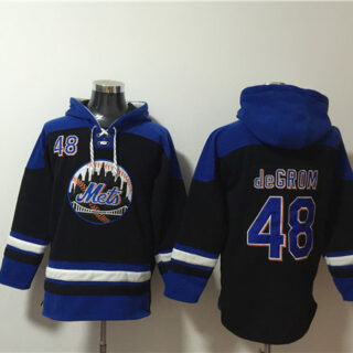 Men's New York Mets #48 Jacob DeGrom Black Blue Ageless Must-Have Lace-Up Pullover Hoodie