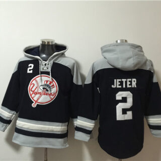 Men's New York Yankees #2 Derek Jeter Black Grey Ageless Must-Have Lace-Up Pullover Hoodie