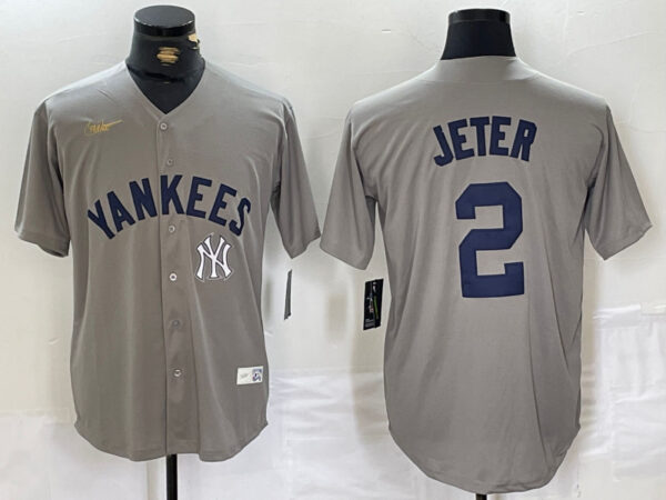 Men's New York Yankees #2 Derek Jeter Grey Cool Base Stitched Baseball Jerseys