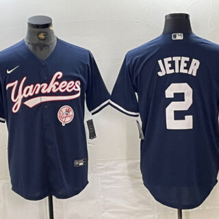 Men's New York Yankees #2 Derek Jeter Navy With Patch Cool Base Stitched Baseball Jersey